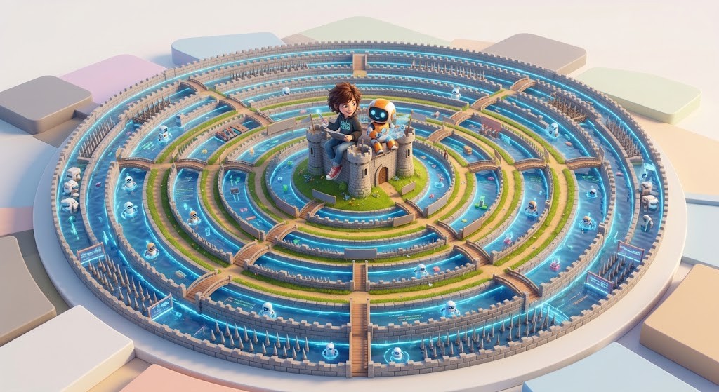 A central castle with a human and robot surrounded by multiple, concentric layers of fortified stone walls and moats, visualizing the system hardening.