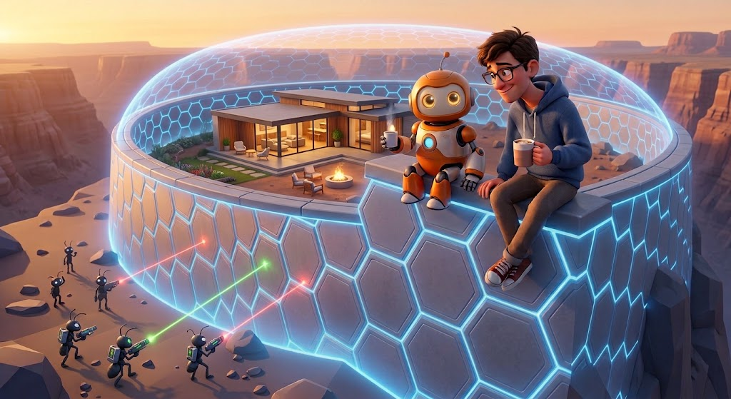 A human and his robot companion relax with drinks on a high fortified wall, as its glowing shield easily deflects laser fire from attackers below