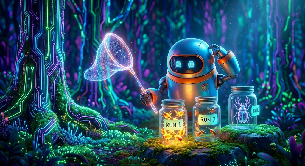 A robot in a glowing circuit forest sits next to jars labeled “Run 1”, “Run 2”, and “Run 3” with caught glowing bugs, illustrating how repeatedly running AI can catch additional obvious vulnerabilities.