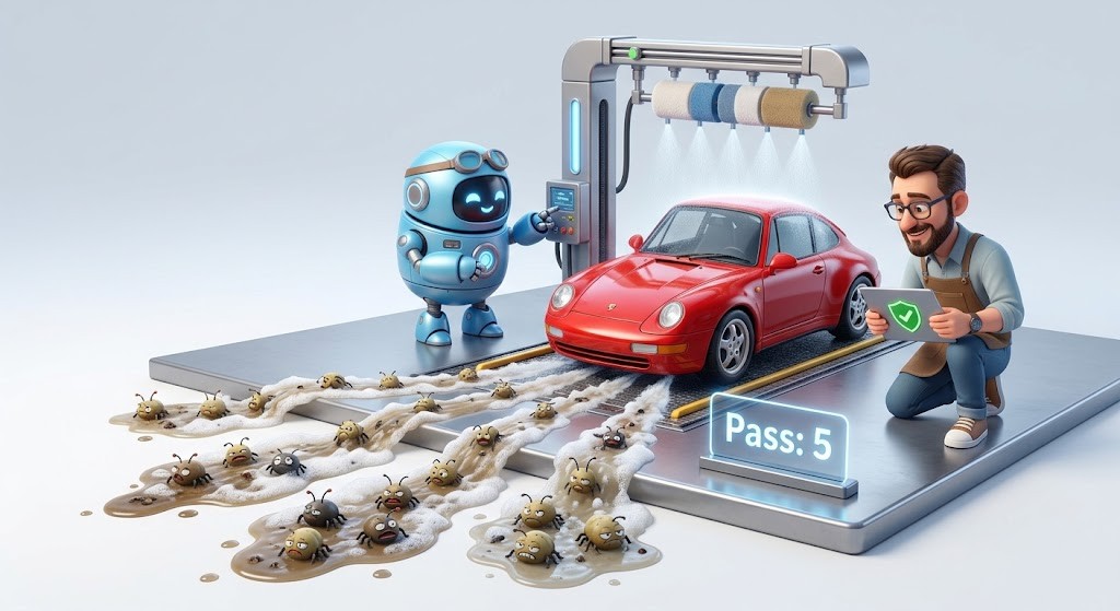 A robot and human repeatedly wash a car to clean out a car, the pass count is 5 and the car is sparkling with dirty bugs draining away