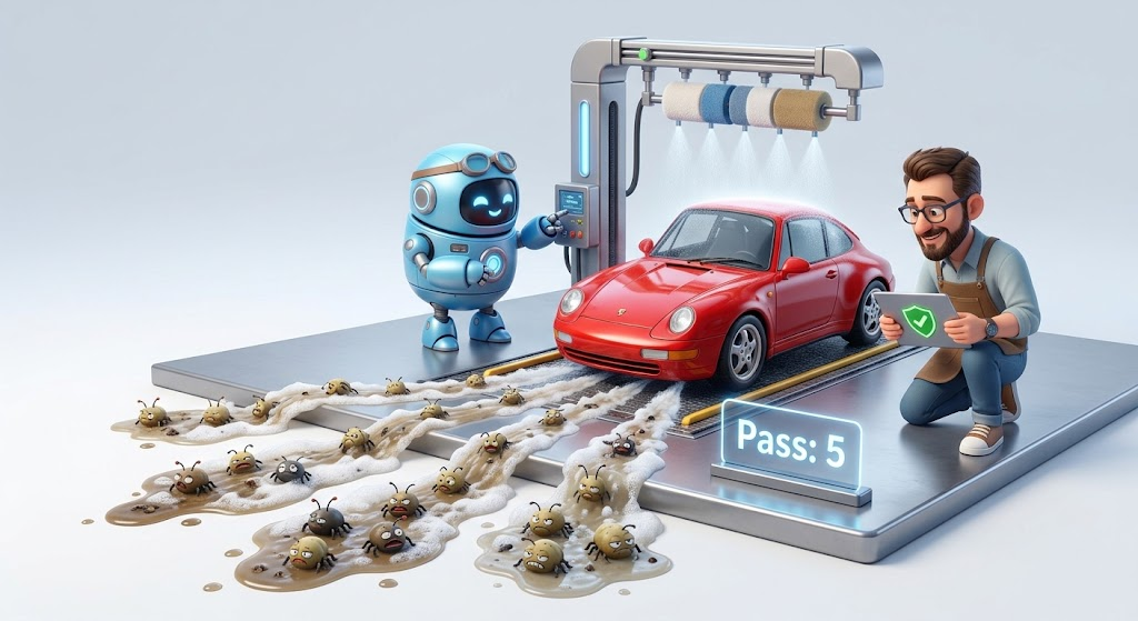 A robot and human repeatedly wash a car to clean out a car, the pass count is 5 and the car is sparkling with dirty bugs draining away