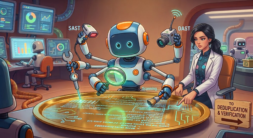 A robot and human are working together to analyze a disk representing software, before their results go to deduplication and verification.