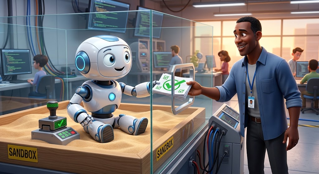 A robot is in a sandbox and is passing an approved set of pages to a man outside the sandbox