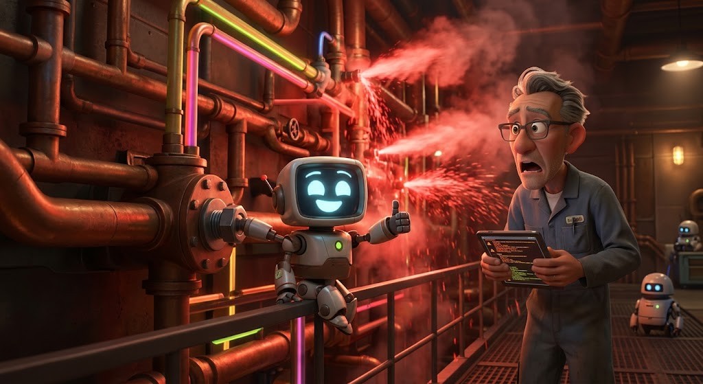 A robot has tightened a pipe and shows a thumbs-up to a horrified human who can see all the other pipes bursting.