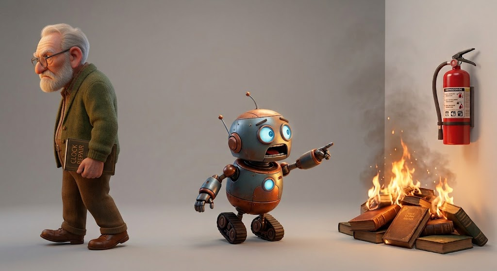 A robot tries to warn a human about a fire, but the human is ignoring the robot A robot tries to warn a human about a fire, but the human is ignoring the robot