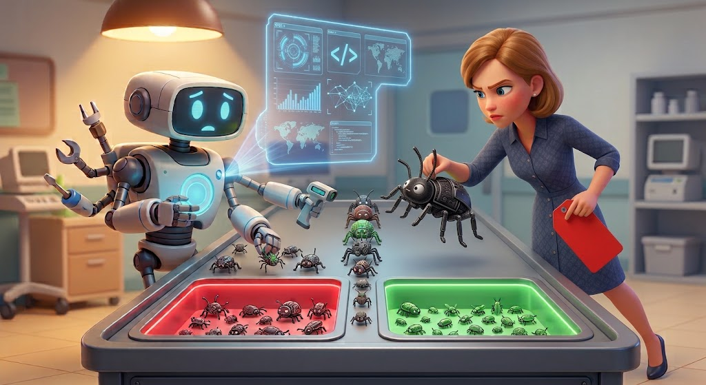 A robot and woman categorize bugs into red (dangerous) and green (not dangerous); the woman overrides the robot’s categorization