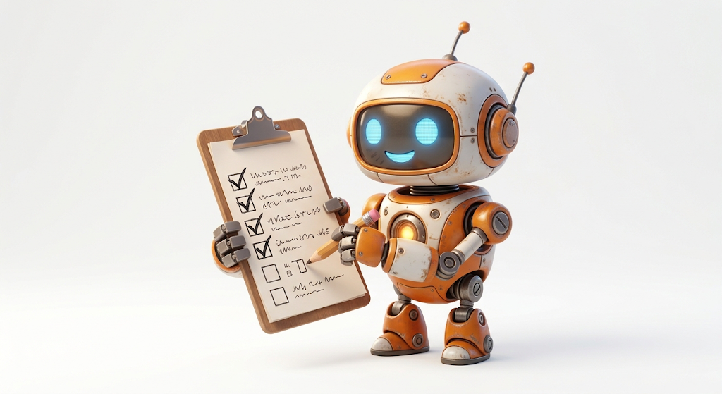 A robot is working down a checklist, with the first few items checked off.