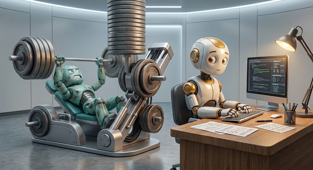 Robots preparing to work by exercising and gathering information