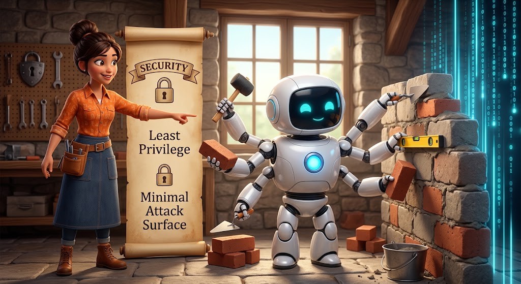 Woman directs robot to build a wall while applying security principles