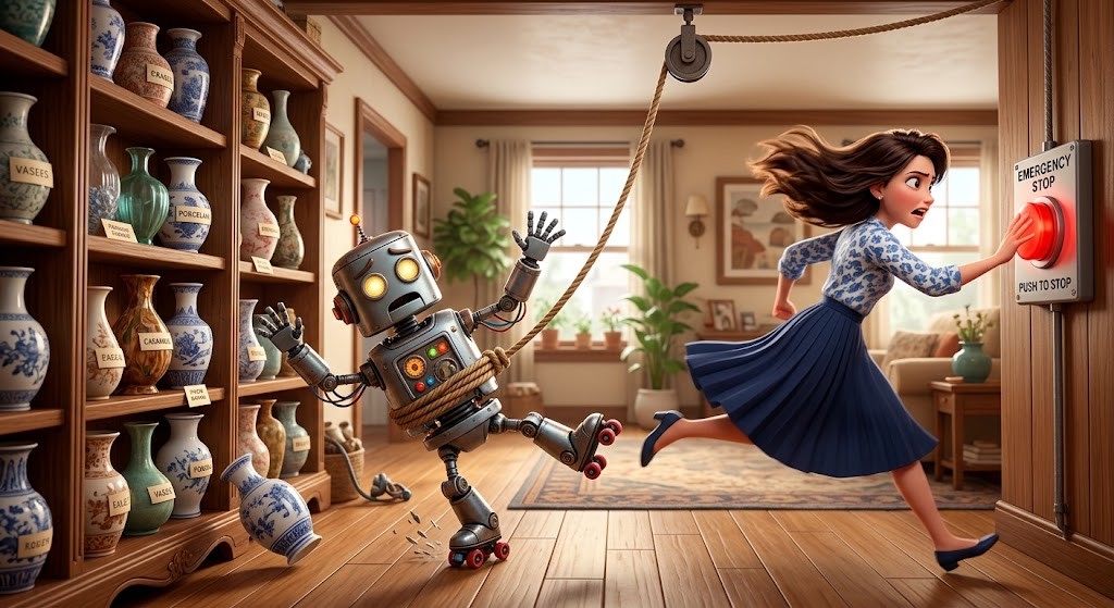 A woman presses a large red “Emergency Stop” button, acting as a kill switch for a distressed robot who’s losing his balance within a cluttered ceramic shop.